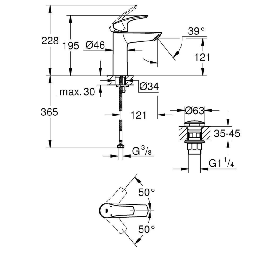 23923003 *Смеситель для раковины GROHE Eurosmart, с нажимным донным клапаном, M-Size, хром