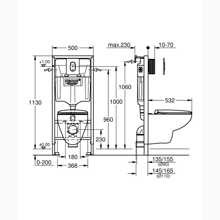36500000 GROHE Rapid SL,5-1,Инсталляция с подвесным унитазом Bau Ceramic, панель Arena Cosmopolitan