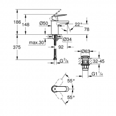 23925000 *Смеситель для раковины GROHE Eurosmart Cosmopolitan с нажимным донным клапаном,S-size,хром