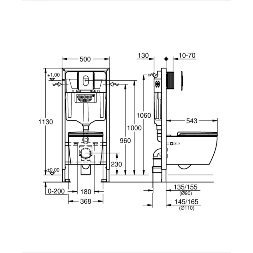 103849SH00 GROHE Rapid SL,5-1,Инсталляция с подвесным унитазом Bau ceramic,панель Arena Cosmopolitan
