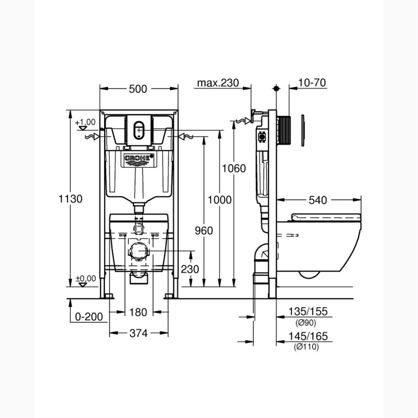 36501000 GROHE Rapid SL,5-1,Инсталляция с подвесным унитазом Euro ceramic, панель Arena Cosmopolitan