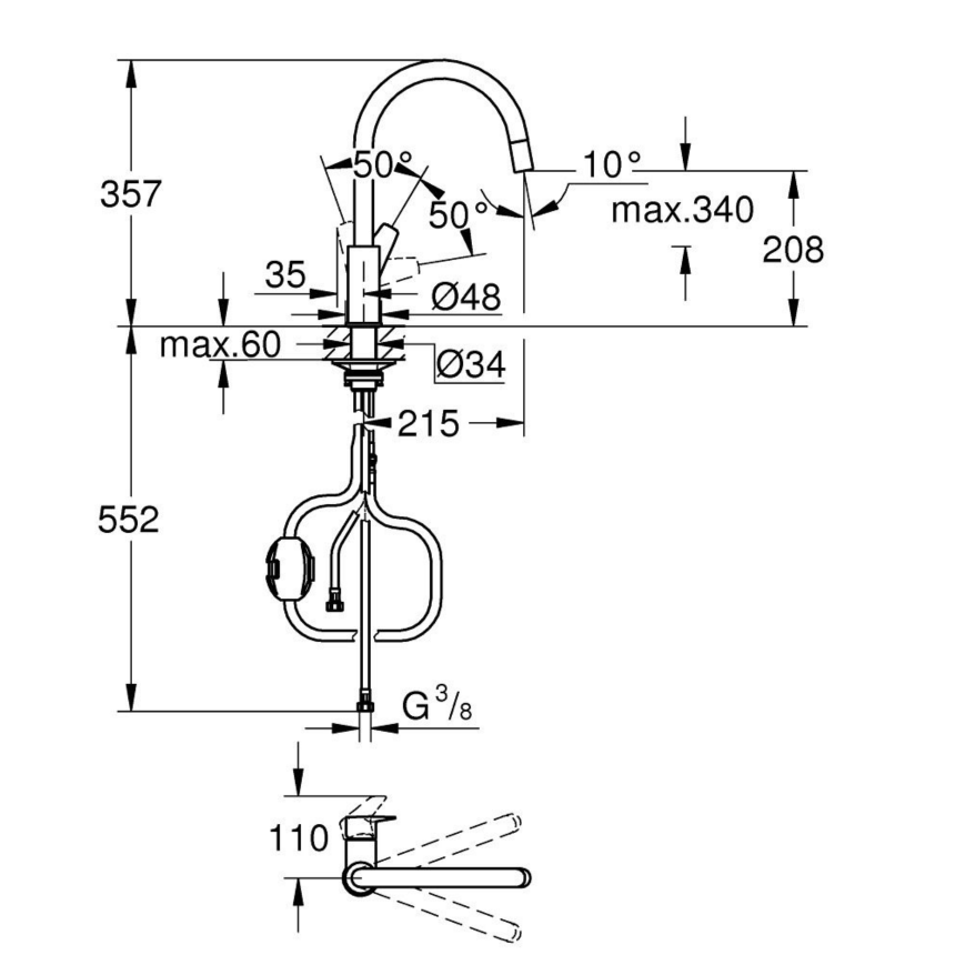 30536000 Смеситель для мойки Grohe BauEdge, с выдвижной лейкой, хром
