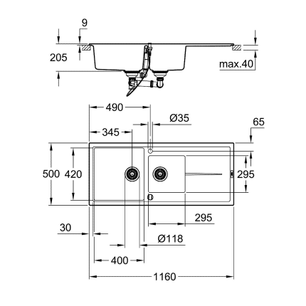 31643AP0 Мойка GROHE K400 с 1,5 чашей, черный гранит