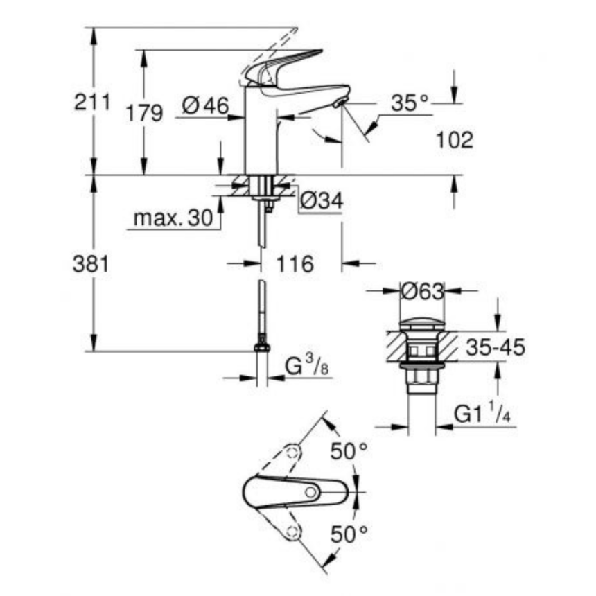 24267001 *Смеситель для раковины GROHE EuroEco c нажимным донным клапаном, M-size, хром