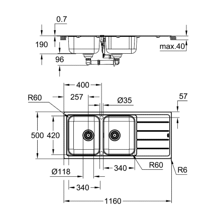 31588SD1 Мойка GROHE K500 с корзинчатым вентилем, нержавеющая сталь