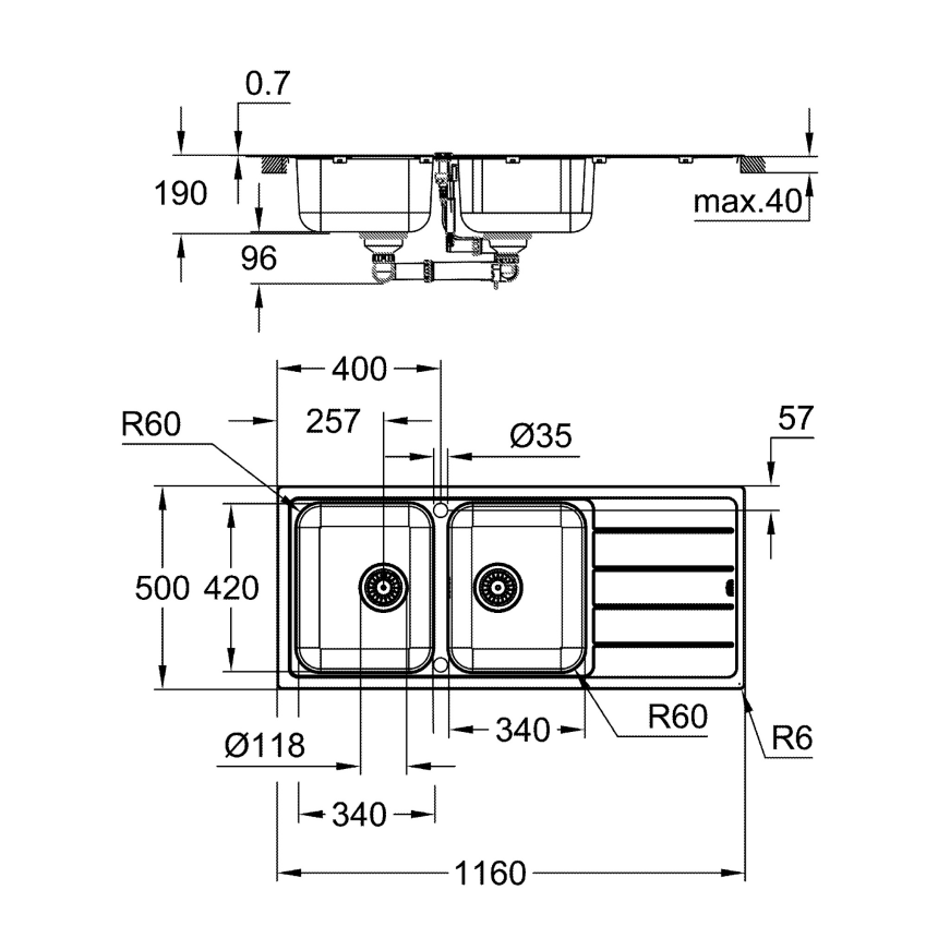 31588SD1 Мойка GROHE K500 с корзинчатым вентилем, нержавеющая сталь