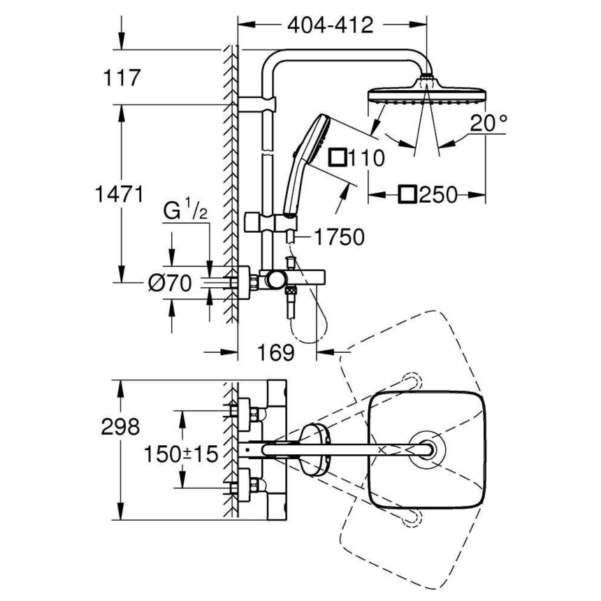 266912431 *Душевая система GROHE Tempesta System 250 CUBE, с термостатом для ванны, матовый черный