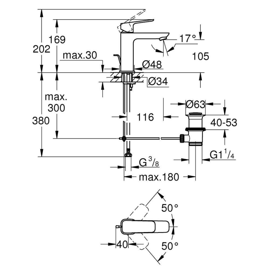 1017490000 *Смеситель для раковины GROHE Cubeo с донным клапаном, M-size, хром
